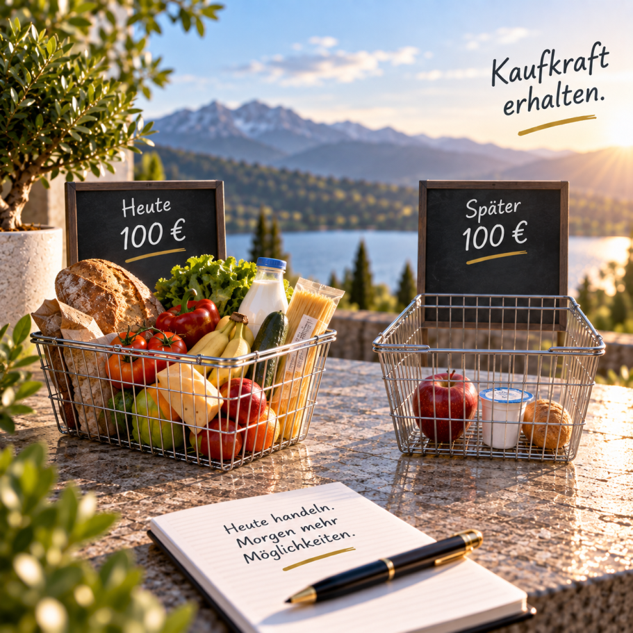 Kaufkraft und Inflation Zwei Einkaufskörbe als Symbol für Inflation und sinkende Kaufkraft